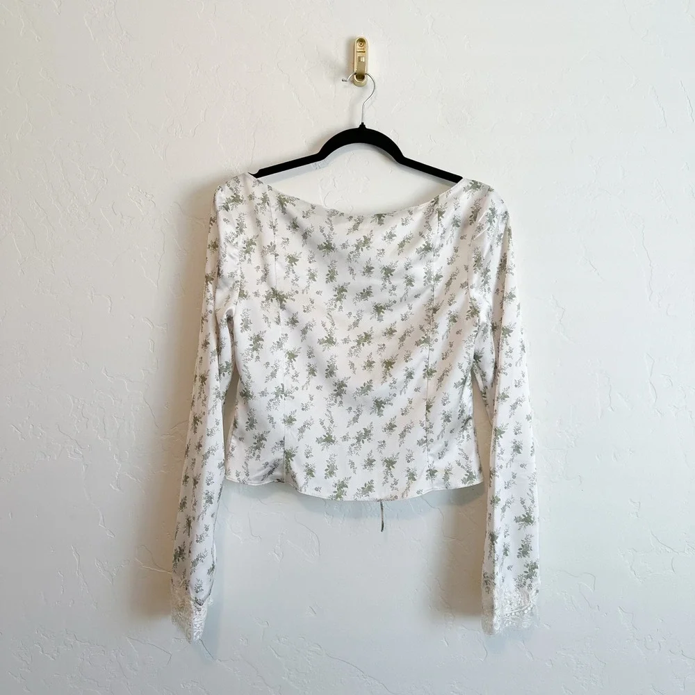 House of CB | Clarissa Garden Print Lace Trim Tie Front Top‎ in Ivory & Green
